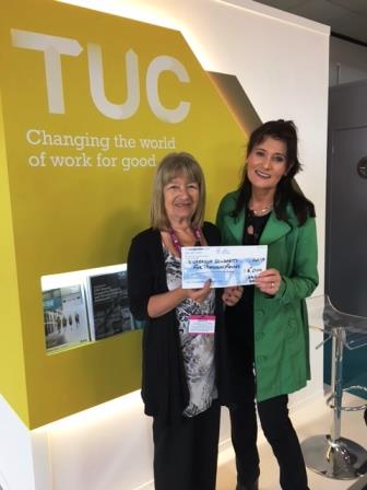 Marion Colverd, General Manager, TU Fund Managers Limited, presenting Louise Richards from NSCAG with cheque during TUC Congress