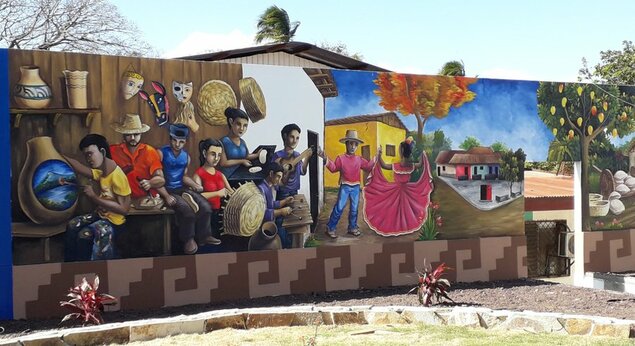 Mural outside new technical education centre opening in Masaya, focussed on agricultural courses, Attendance is free